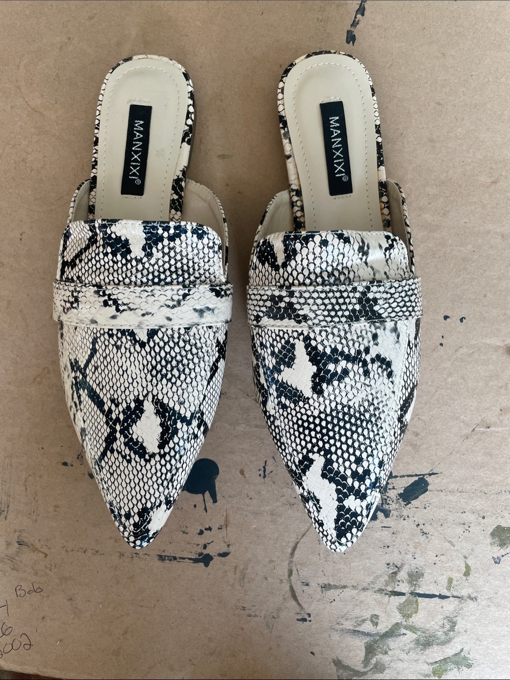 Snake-Print Pointed Mules in Black and White